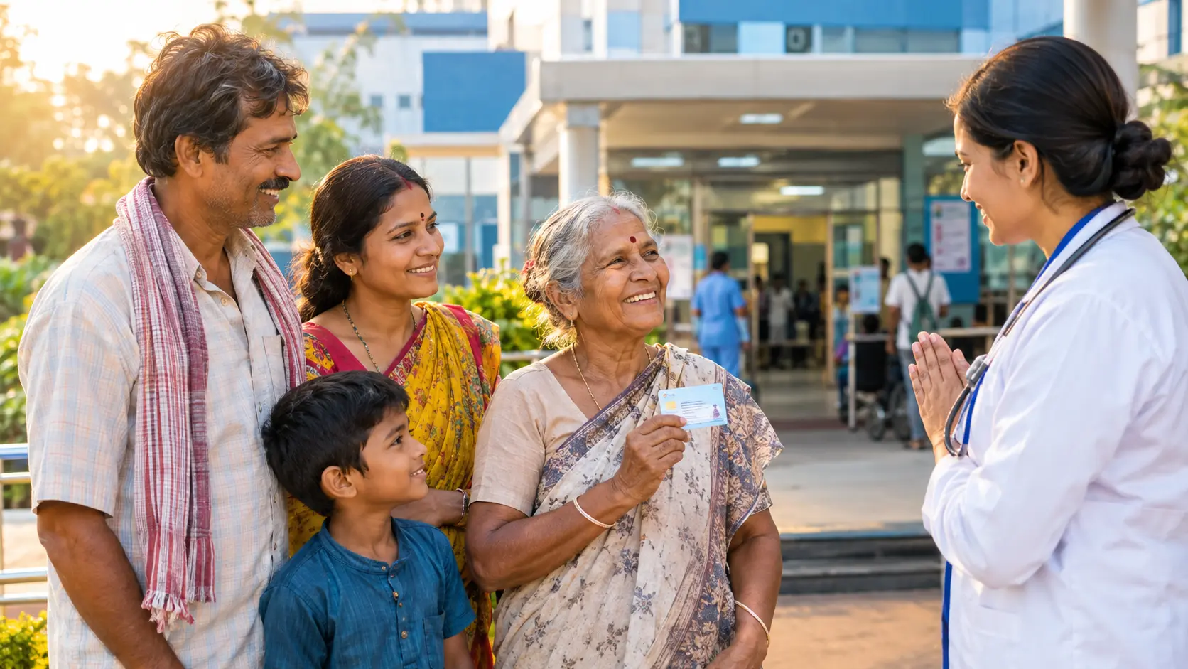 Indian family holding Ayushman Bharat health card outside a hospital, representing free healthcare under PM-JAY scheme
